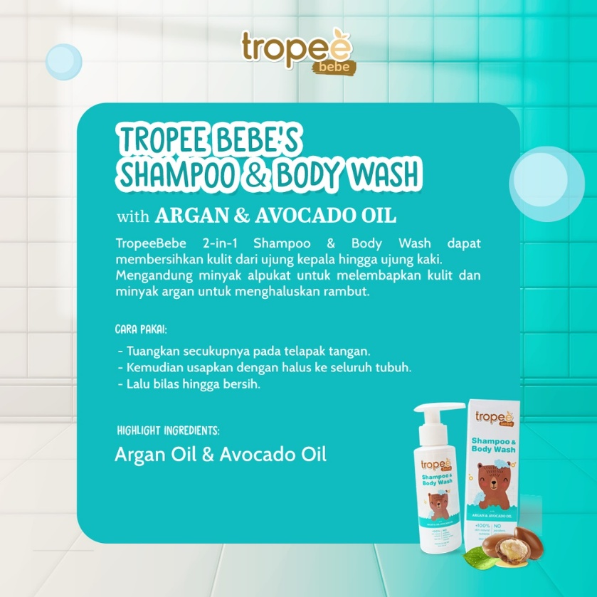 Tropee Bebe Wash Chamomile Oil / Almond Oil / 2in1 Shampoo &amp; Bodywash 100ML Sabun dan Shampoo Free Botol Sendok Mandi Anak CBKS