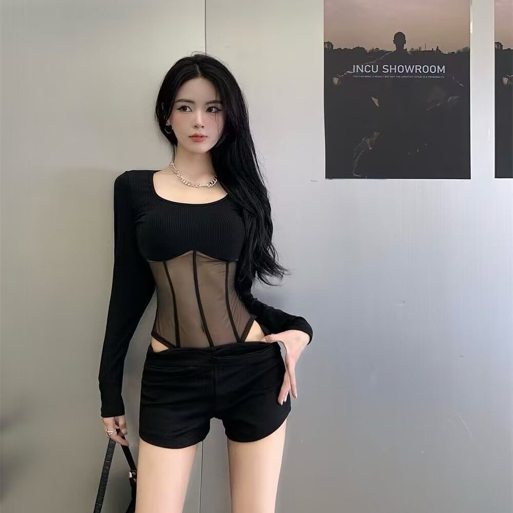 Red Fashion Renda Super Pedas Top Kasual Slim Lengan Panjang T-shirt Wanita Jangkar Baru Mesh Pakaian Luar Kemeja Bottoming