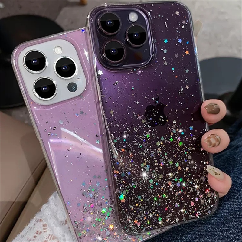 Soft Case Transparan Motif Glitter Untuk iPhone 11 12 13 14 Pro Max XR XS 7 8 Plus