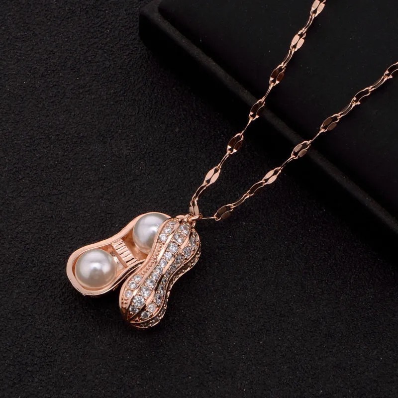 [ Bayar Ditempat ] Kalung Wanita Titanium Rantai Rose Gold Liontin Kacang / Accesoies Wanita Kalung Titanium Anti Luntur / Kalung Rantai Wanita Liontin Kacang