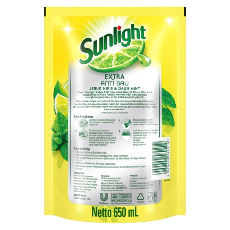 SUNLIGHT Sabun Pencuci Piring Extra Anti Bau Jeruk Nipis &amp; Daun Mint 650ml