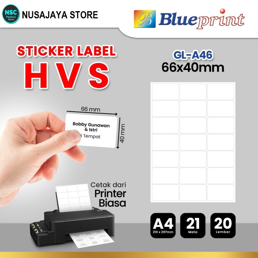 

Kertas Stiker Label HVS Doff A4 BLUEPRINT Uk 66 x 40 mm - 20 lembar