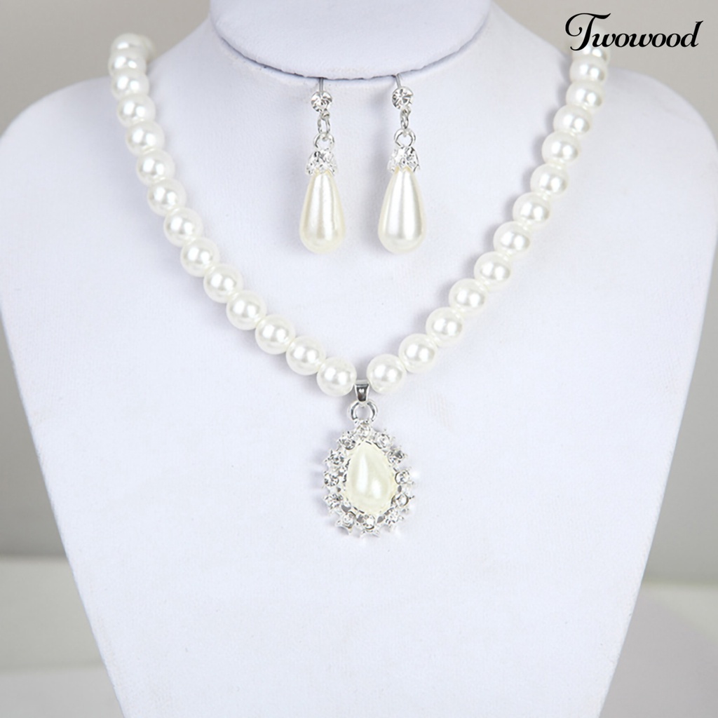 Twowood Water Drop Shape Pendant Manik-Manik Mutiara Imitasi Kalung Anting Set Perhiasan Pengantin