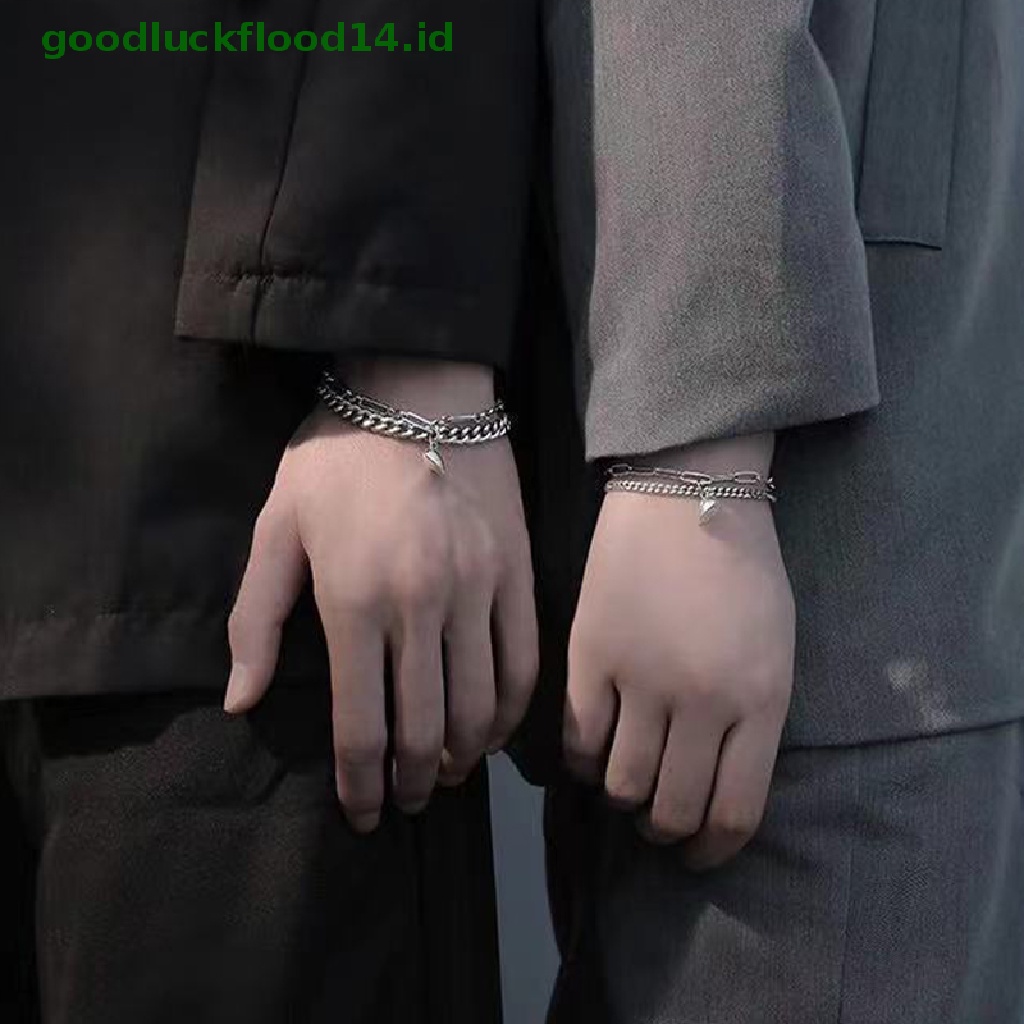 [GOOGFOUR] Gelang Wanita Pria Fashion Couple Cuff Jewelry Vintage Rantai Warna Perak Gelang Magnet Hati [TOP]