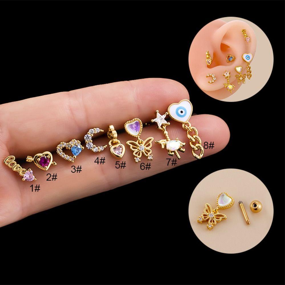 Needway   Bling Love Stud Earrings Manis Retro Desain Fashion Zirkon Telinga Stud Warna Solid Temperamen Lady Peri Telinga Tulang Kuku