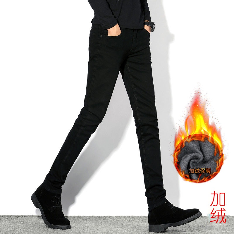 Celana Jeans Pria    Fleece-Berjajar Hitam Celana Jeans Pria Slim Fit Kurus Celana Fashion  Peregang