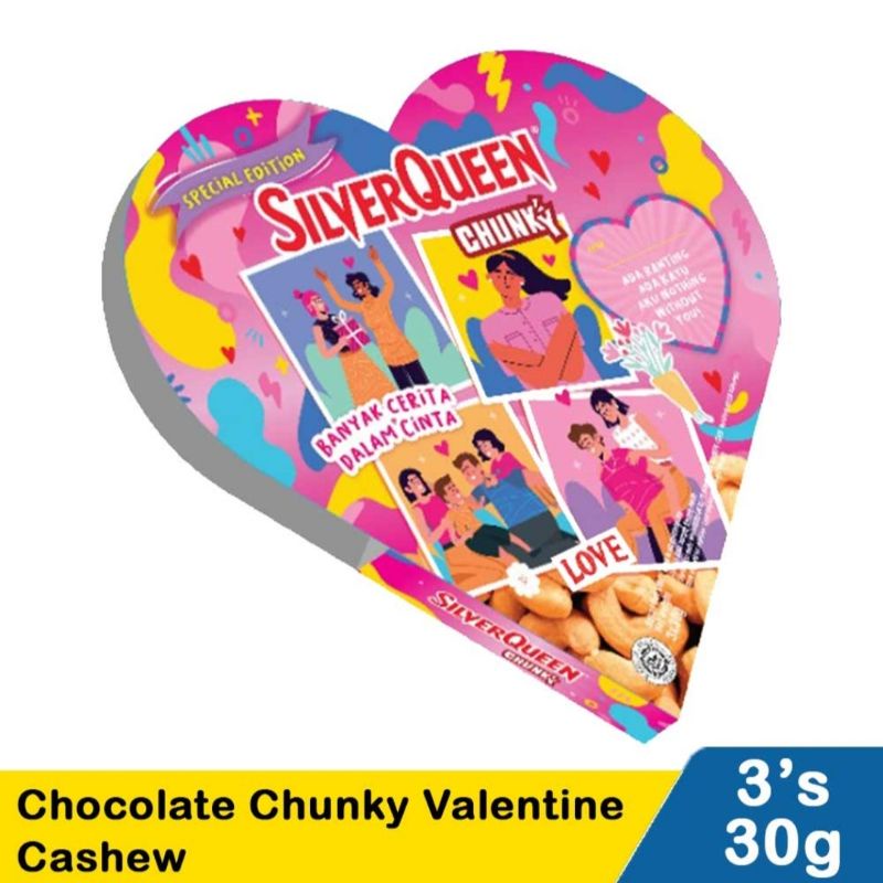 

Coklat Silverqueen Chunkybar Love 3x30gr Cokelat Silver Queen Chunky Bar Rose 2 x 95gr ChunkyBar 3 x 30gr Cashew Almond Hadiah Kado Ultah Parcel Parsel Hampers Graduation Wisuda Anniversary Gift Box Bundle Bentuk Hati Heart shape shaped 95gr Montes kado