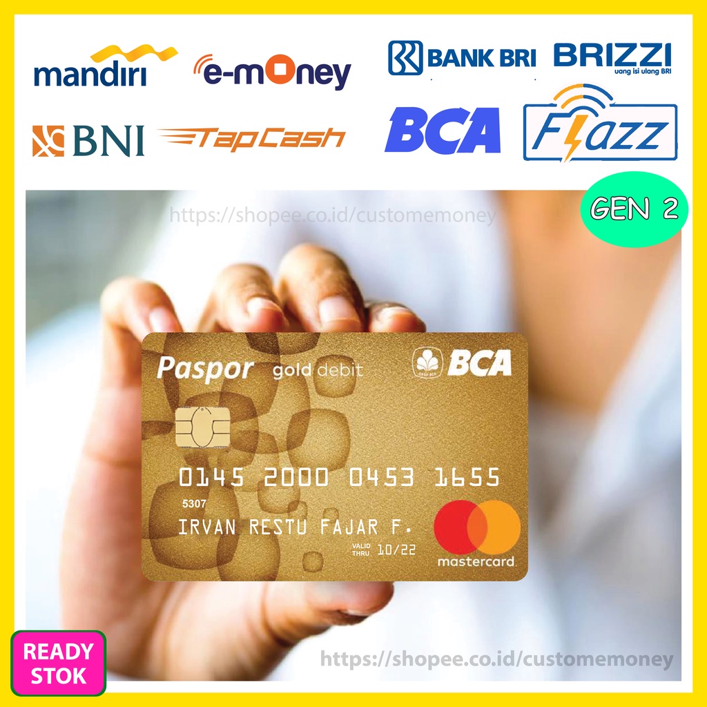 KARTU EMONEY DESIGN PASPOR GOLD DIBIT CARD KARTU ETOLL E-MONEY MANDIRI FLAZZ GEN 2 TAPCASH BRIZZI - 1 SISI