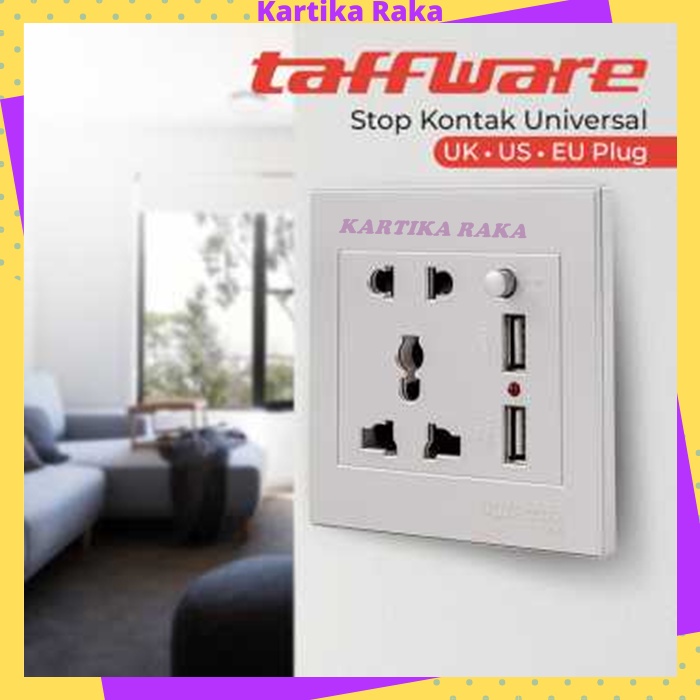 KR Taffware Stop Kontak Universal UK EU US 2 Port USB dengan On Off