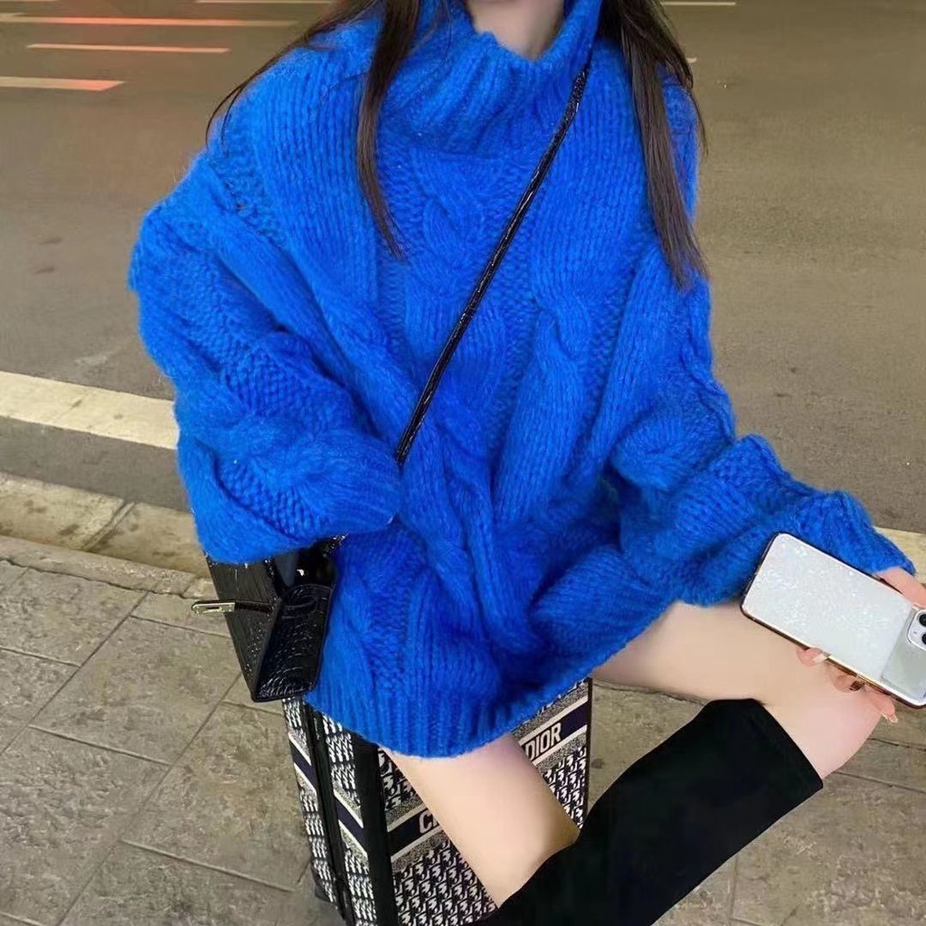 ✽Klein Sweater Biru Musim Gugur Sweater Malas Angin Maternity Dress Musim Gugur dan Musim Dingin Pullover Turtleneck Sweater Wanita Model Musim Gugur Mori