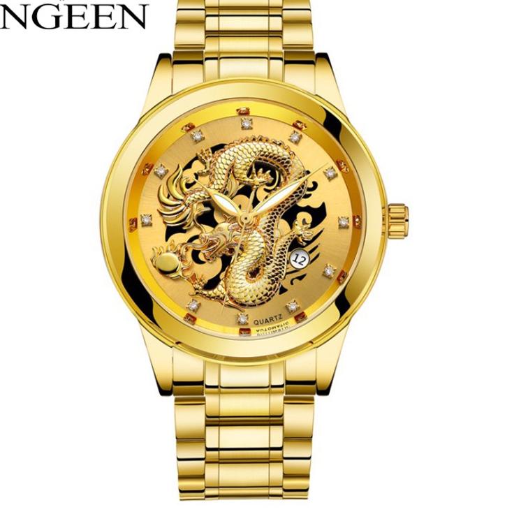 FNGEEN Jam Tangan Pria Naga Emas Luxury Stainless Steel Quartz Original Anti Air Dragon Gold Watch K