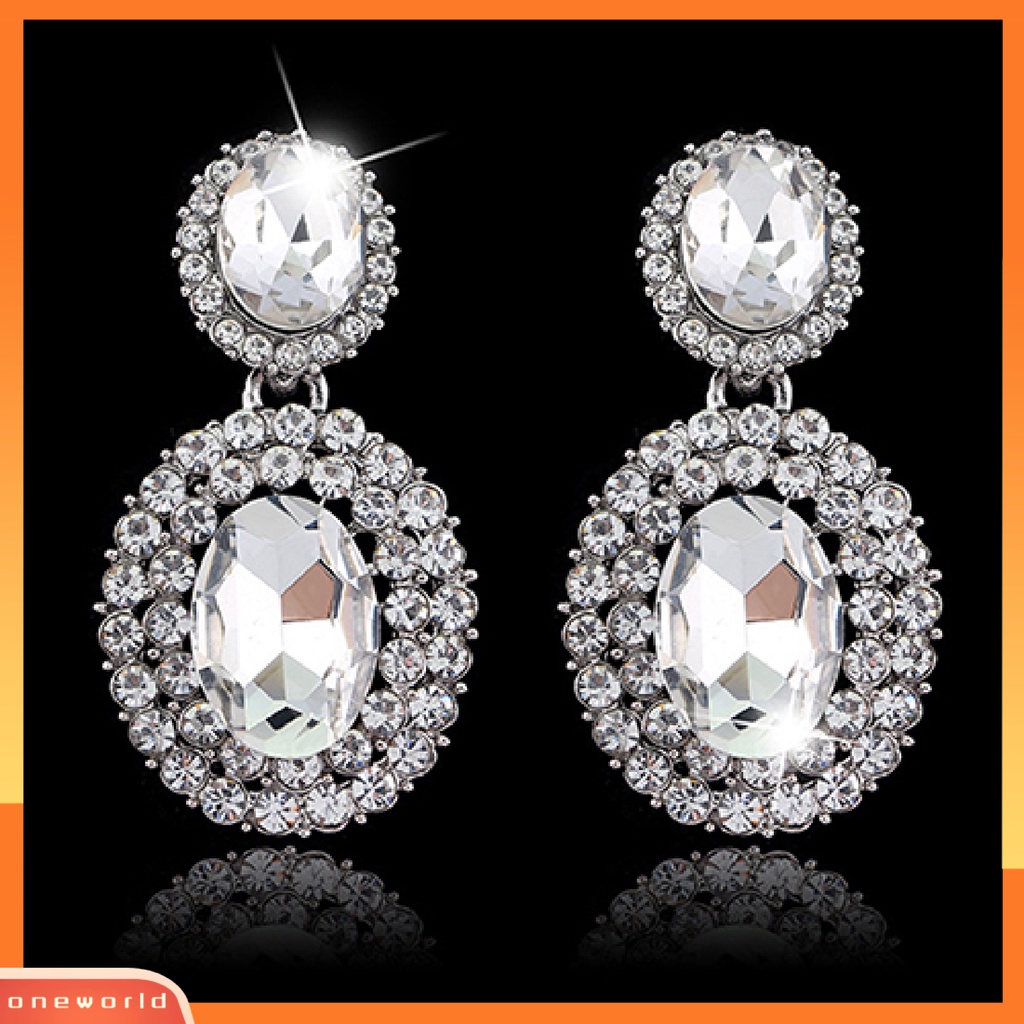 {oneworld} 1pasang Anting Mewah Gaya Retro Oval Berlian Imitasi Vintage Anting Tindik Menjuntai Untuk Pesta