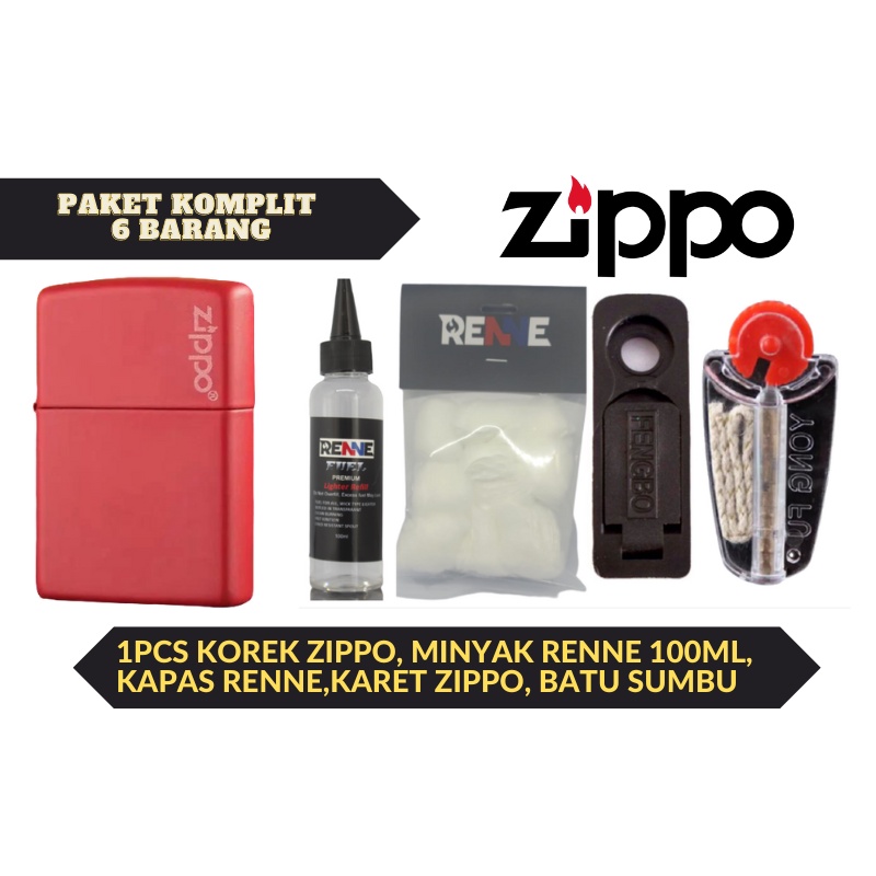 Paket Lengkap Korek Zippo Red Matte plus minyak kapas batu sumbu karet tutup zippo