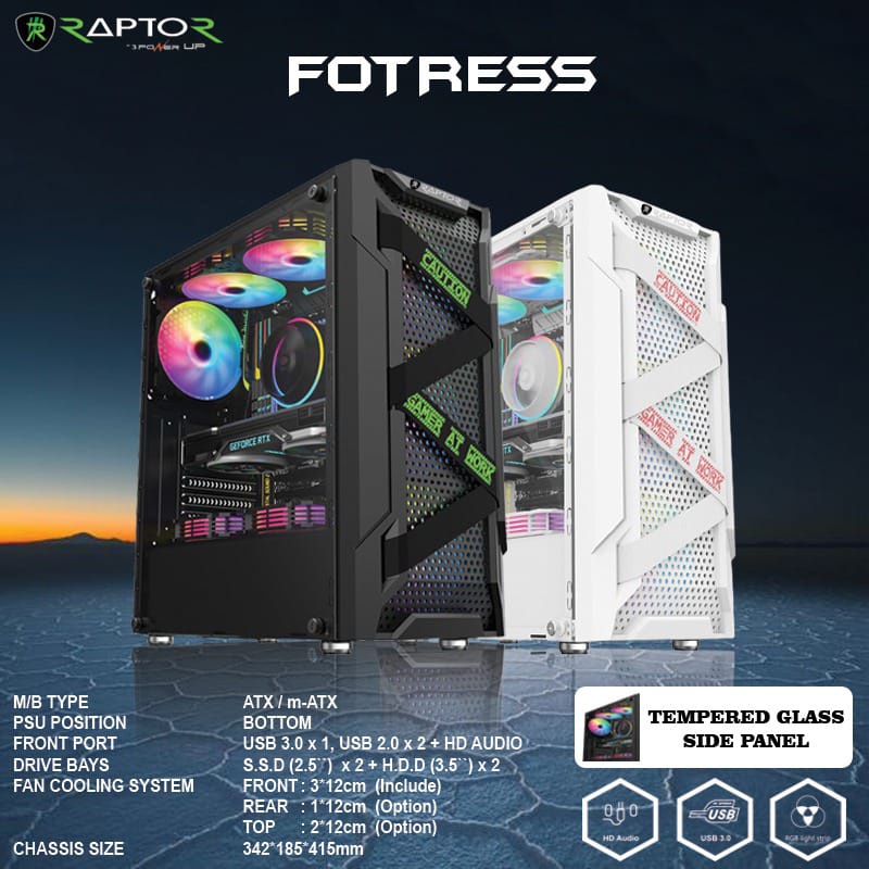 Casing Gaming Raptor Fotress + 3 Fan RGB