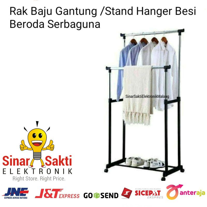 Rak Baju Stand Hanger Double Gantung Pakaian Besi Beroda Jemuran Berdiri