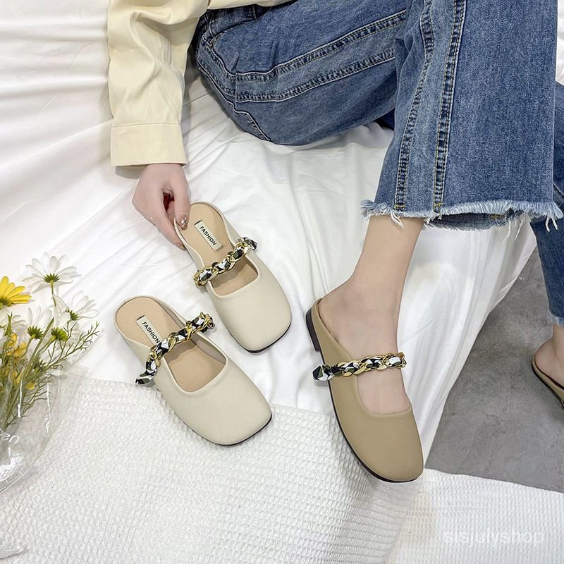 #Sisjuly# Sandal wanita baru datar bawah memakai sepatu luar mullet sepatu slip tahan setengah sanda