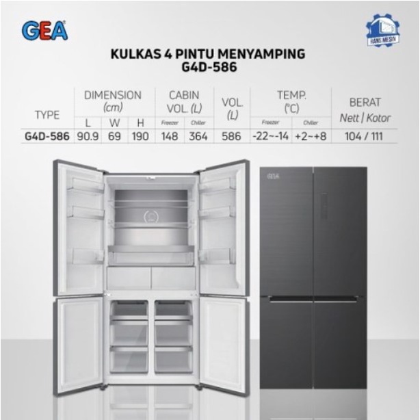 GEA Kulkas 4 Pintu Side by Side 586L Inverter G4D-586 Black Glass 180W