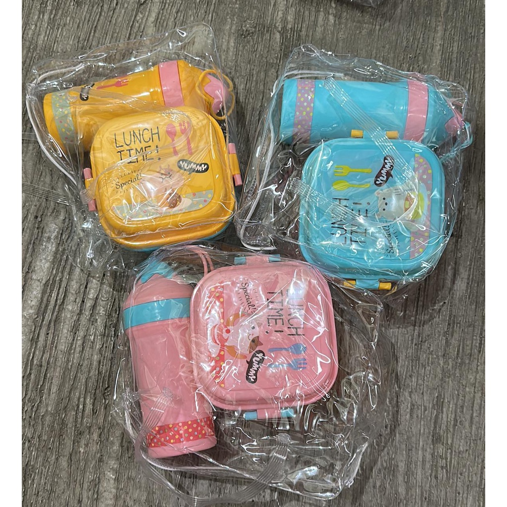 (JY)kotak set tempat makan lunch Box bekal anak souvenir ultah plus botol minum