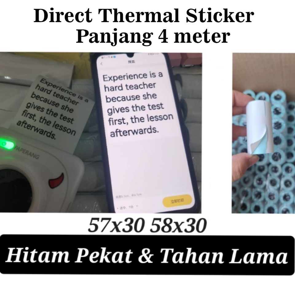 

Kertas Direct Thermal Stiker 57x30 mm Panjang 4 meter - PPaper Print Sticker Label Struk kasir printer mini Bluetooth Edc