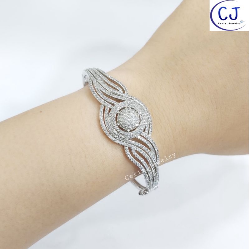 Gelang Bangle Wanita Perak Asli Silver 925 Lapis Emas Putih Model Oval Variasi Gelombang Permata Hitam Kombinasi Putih - Perhiasan Perak Asli