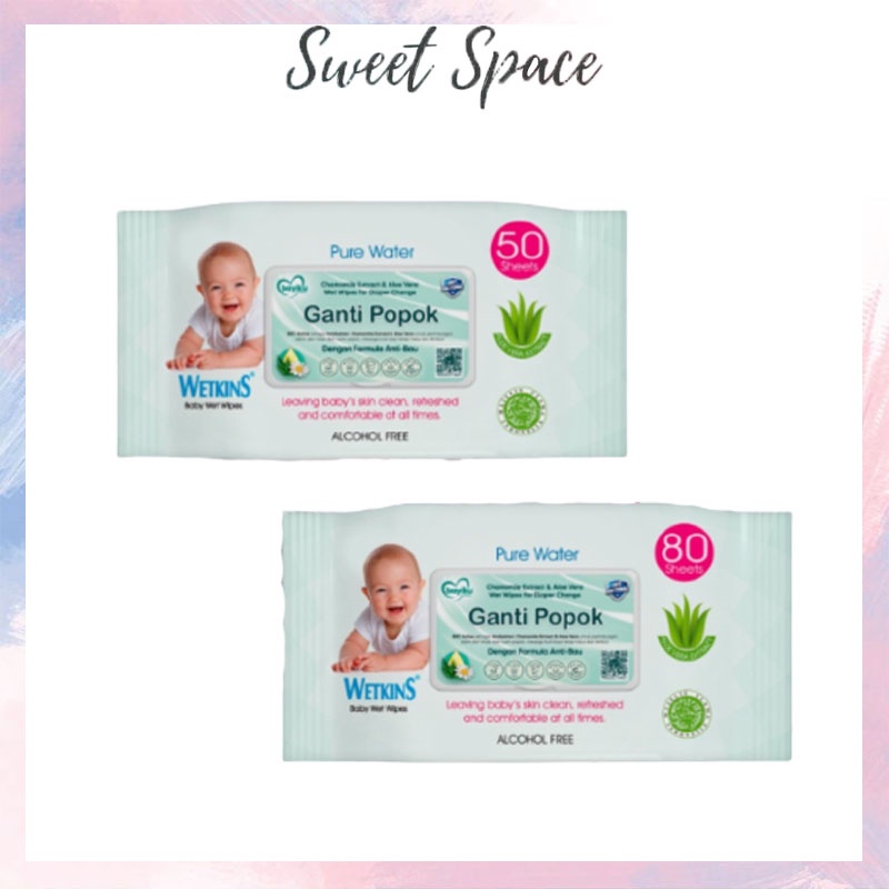 TISU BASAH BABY WETKINS GANTI POPOK BAYI 50 &amp; 80 SHEET [SWEETSPACE]