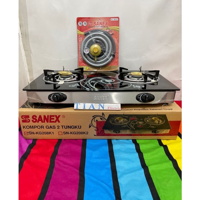 SANEX SN-KG208K1 Kompor Gas 2 Tungku Glass Free (Selang & Regulator) ORIGINAL.