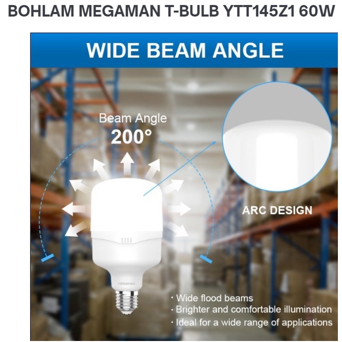 LAMPU LED / BOHLAM MEGAMAN T-BULB YTT145Z1 60W / 60 WATT GARANSI RESMI - 6500K PUTIH