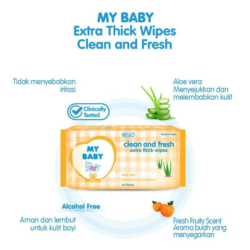 MY BABY Extra Thick Wipes 50 Sheets + FREE 50 sheets | Tisu Basah Bayi | Alcohol Free | Lembut | MyBaby Arjuna