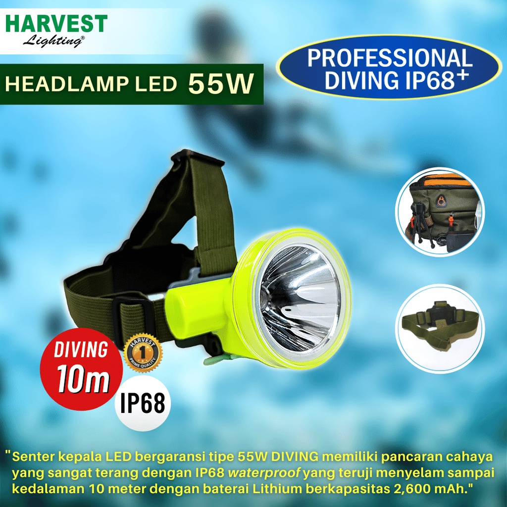 55W - PAKET ISI 6 - Headlamp HARVEST LIGHTING Senter Kepala LED Professional DIVING IP68 2600 MAH Lampu Emergency Selam Spearfishing Travel Hunting Rechargeable  Original Bergaransi