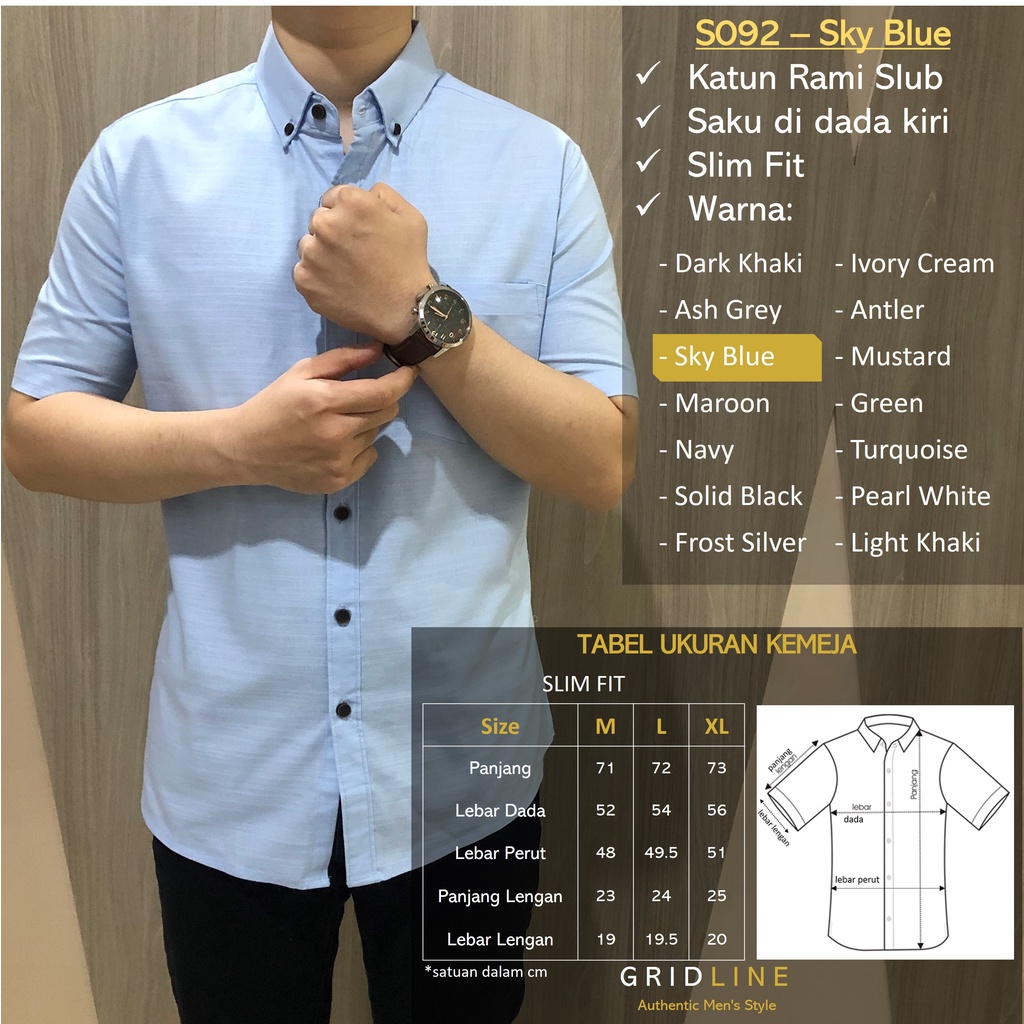 [GRIDLINE - S092 Colorful Premium Basic] Kemeja Pria Polos Slimfit Katun Linen Rami Premium warna