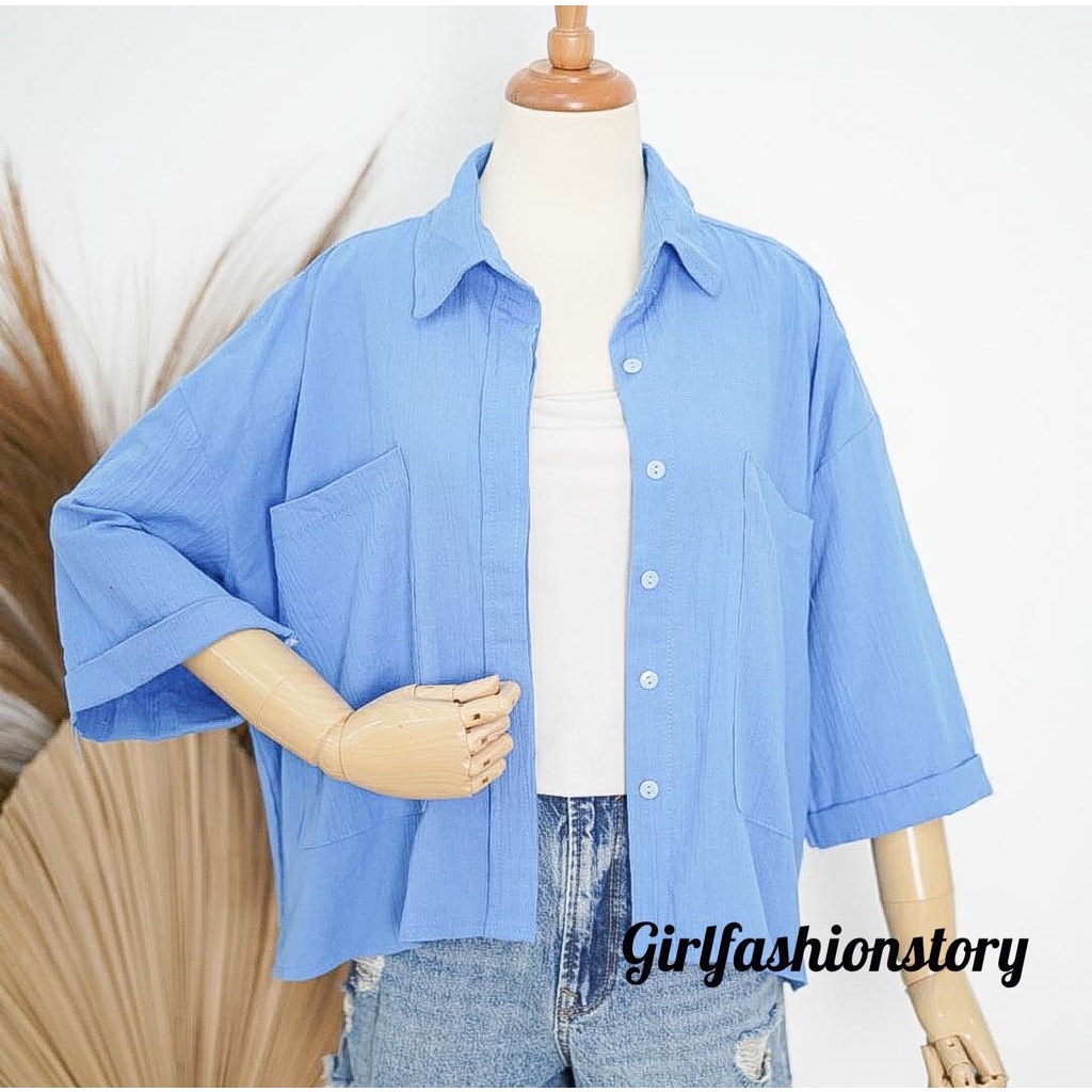 BEFAST - ZFS OOTD KEMEJA WANITA OLIVIA / MOSHIE LINEN CRINCLE OVERSIZE SHIRT / Fashion Kekinian Wanita Kerja / Hem Jumbo Lengan 3/4 / OOTD ALA Style Korean / Hem Oversize Terbaru / Pakaian Casual Wanita Remaja / Kemeja Polos Formal