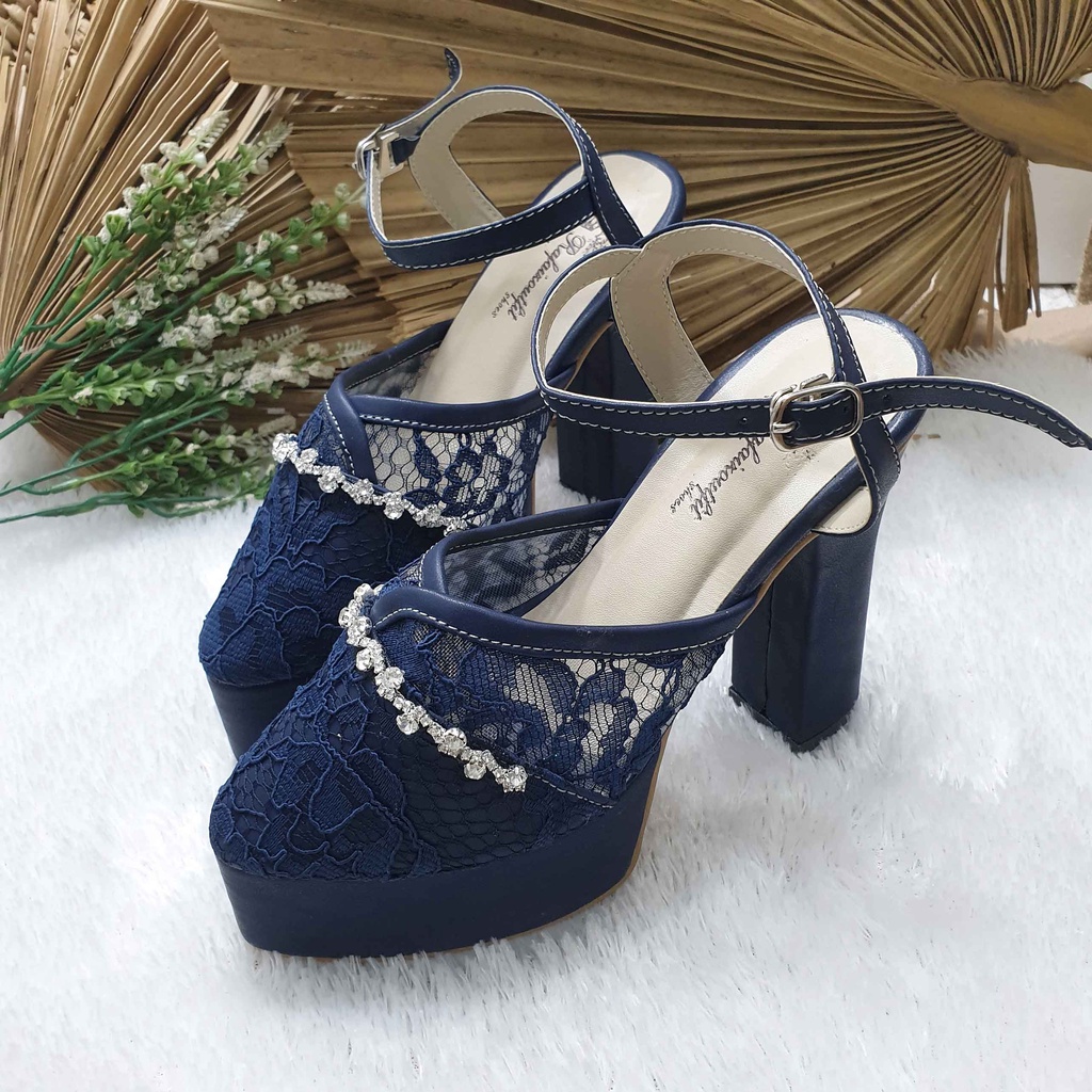 Sepatu wedding pesta cantik Cindy navy acessoris 12cm tahu