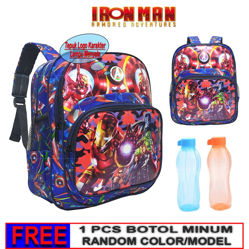 Tas Sekolah anak Laki Laki LED lampu karakter  AVENGERS IRONMAN ransel nyala PAUD/TK FREE BOTOL