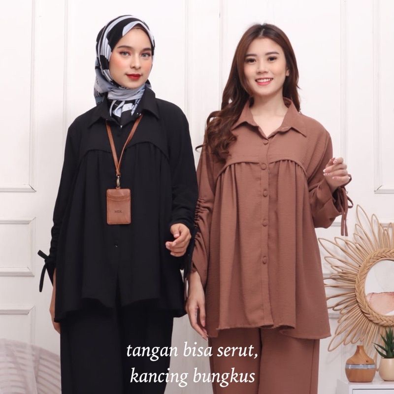 One Set Lovely Crinkle Busui Kekinian Satu Set Baju Celana Model Lengan Serut All Size