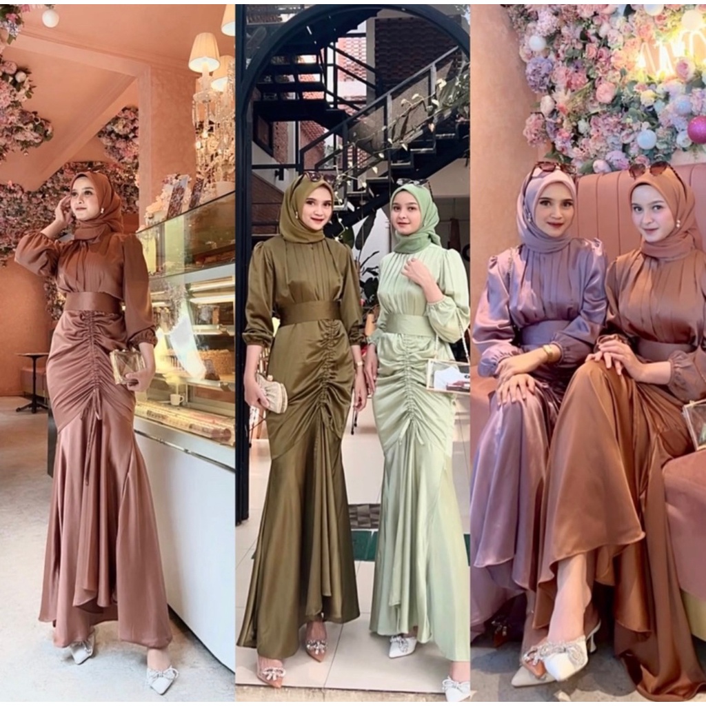 Gamis serut vannya dress silk bahan satin busui friendly terbaru / Dress gamis kondangan bridesmaid kekinian raelpict