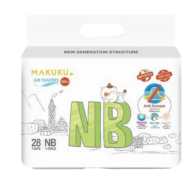 MAKUKU SAP Diapers Slim Tape NB28 / Popok bayi Tipis SAP anti gumpal cepat kering