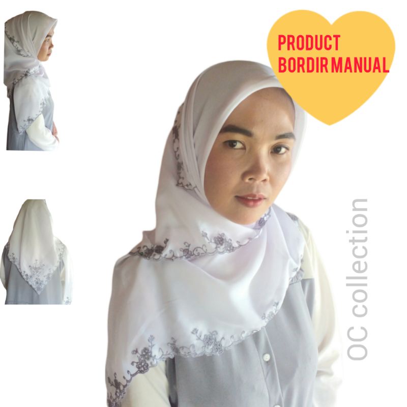 hijab segi empat putih fuul bordir manual