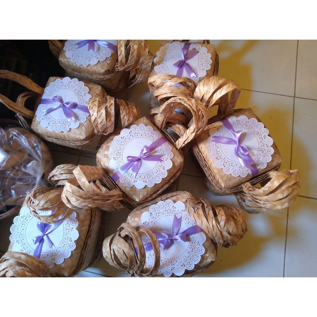 [ Halodul ] [ TERMURAH ] Besek Bambu Jinjing Hias Pita - Tumbu Bambu Hampers 18 x 18 | besek bambu h