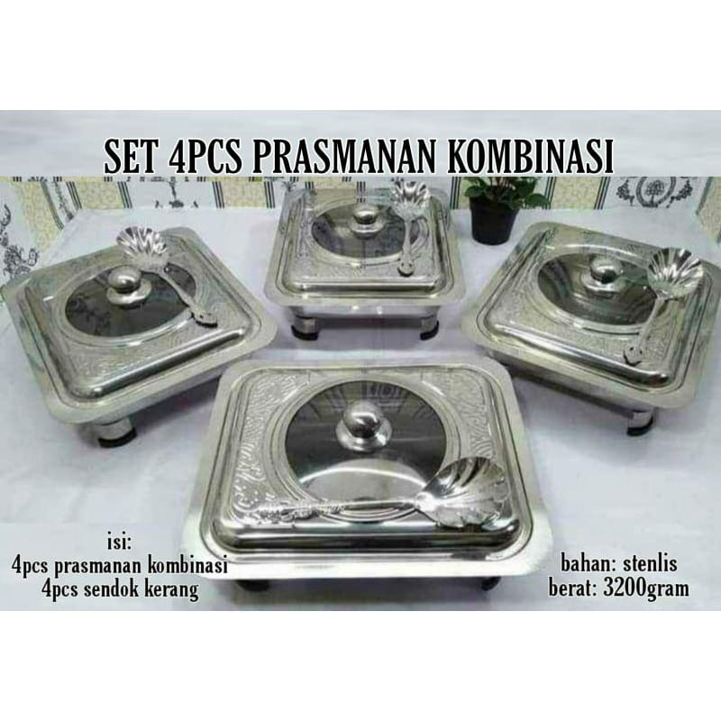 Prasmanan Semi Kaca Set 4pcs (Prasmanan Stainless Tutup Kombinasi Kaca)