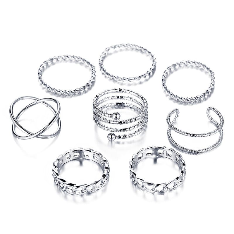 Cincin Fashion Wanita 8 pcs/set Spiral Rantai Model Terbuka Adjustable