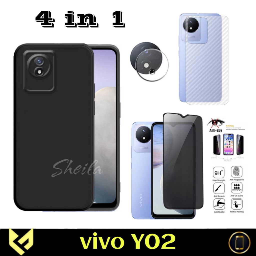 PROMO Paket 4IN1 Case Black For VIVO Y02 / VIVO Y02T SoftCase Premium Black Free Tempered Glass Layar &amp; Tempered Glass Camera &amp; Garskin Carbon Handphone