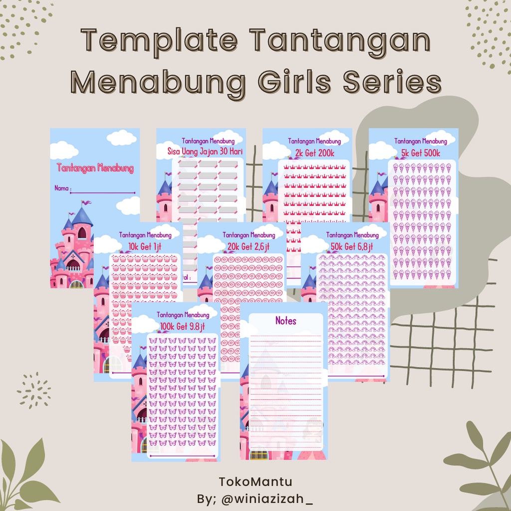 

Girls Series Template Tantangan Menabung Sinking Fund Anak Binder A6 Lucu