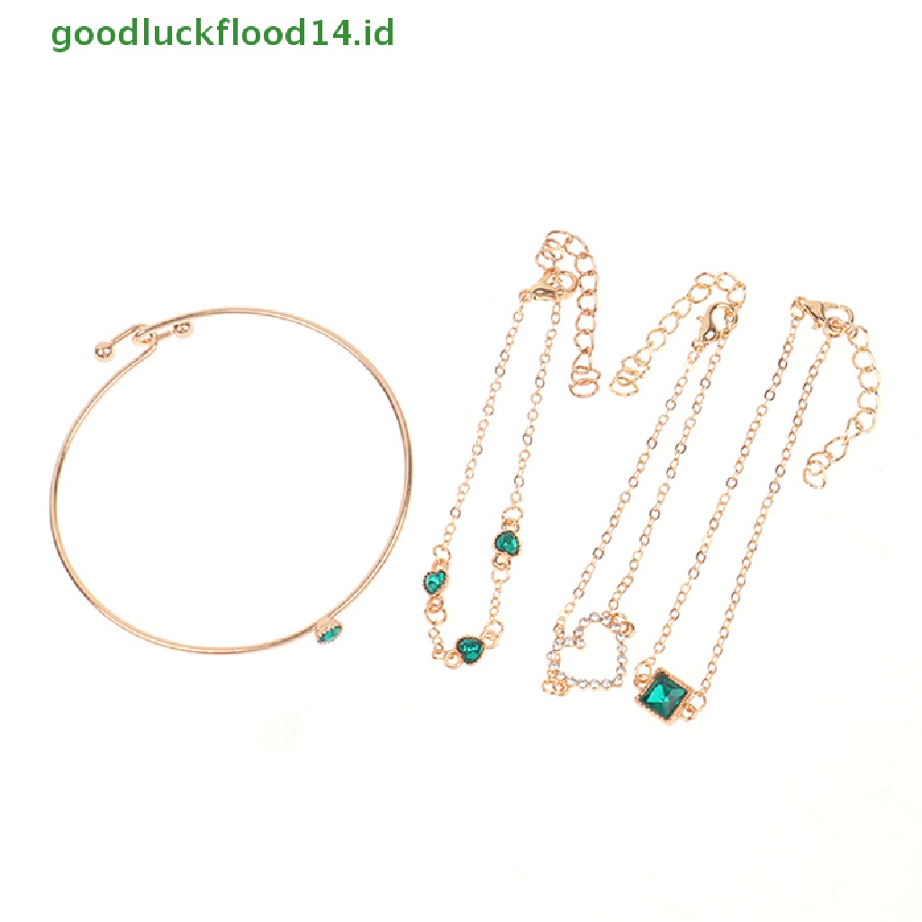 [GOOGFOUR] 4pcs/set Tergabung Batu Permata Hijau Gelang Set Perhiasan Untuk Wanita Gadis Jantung Gelang Pernikahan Pertunangan Gelang Fashion Pesta Perhiasan Hadiah [TOP]