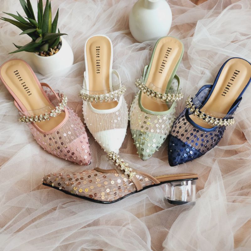 Keisya heels 4 cm Sendal wanita hak kaca brukat payet