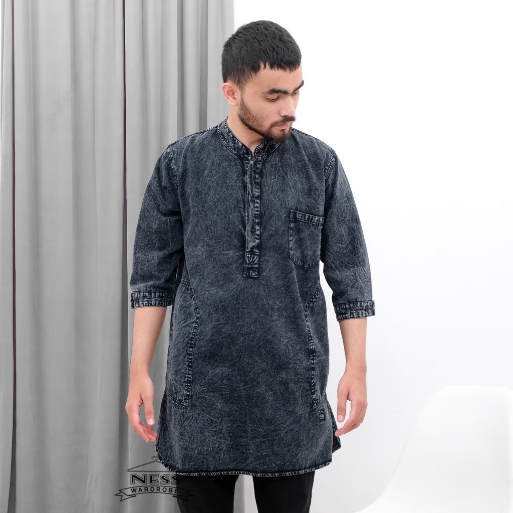 Baju koko kurta lengan 3/4 bahan denim washed/chambray Father size model TERBARU