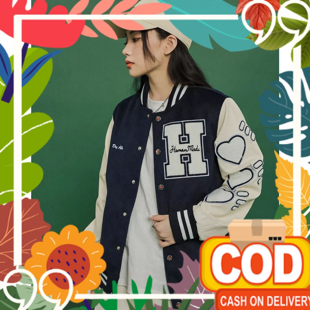 peach liliac lavender / COD ⭐️ H HUMAN MADE LOVE BASEBALL VARSITY JACKET FLEECE TEBAL FIT L ⭐️⭐️ OUT