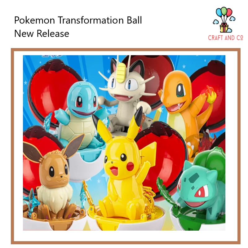 Pokemon Pokeball Pop up Transform Figure Pikachu/ Bulbasour/ Squirtle/Evee/Mew hadiah koleksi anak