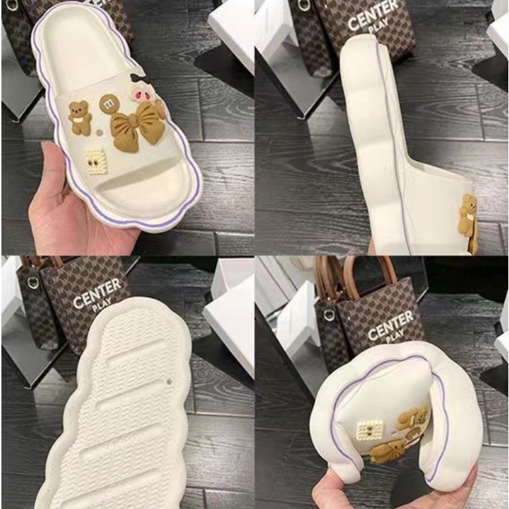 PVC Sandal Slop Wanita Karet Import Korean Slippers Flip Flop Rubber Elastic Super Soft Non-Slip Sole Brown Jibbitz