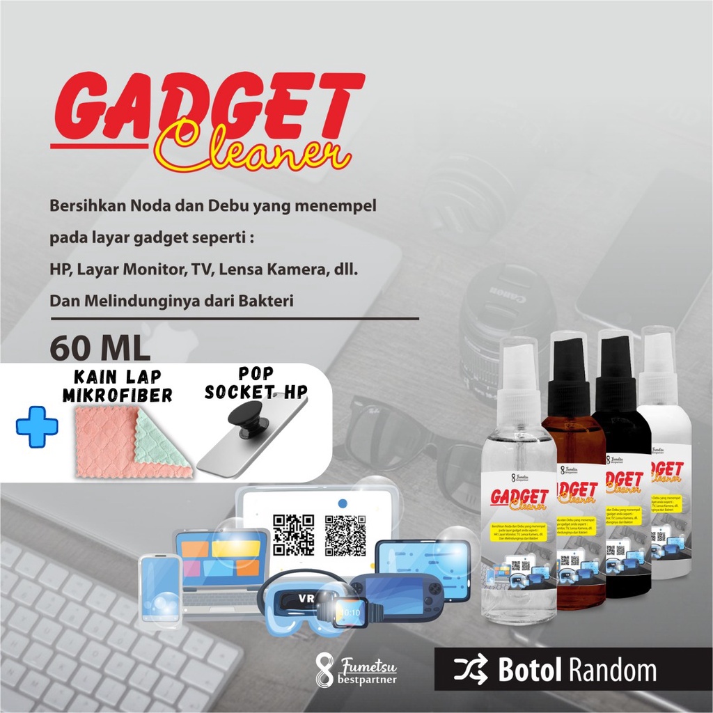 Gadget Cleaner - Pembersih Antibakteri Layar Hp, Layar Monitor, Tv dan Lensa Kamera Kemasan 60ml Spray