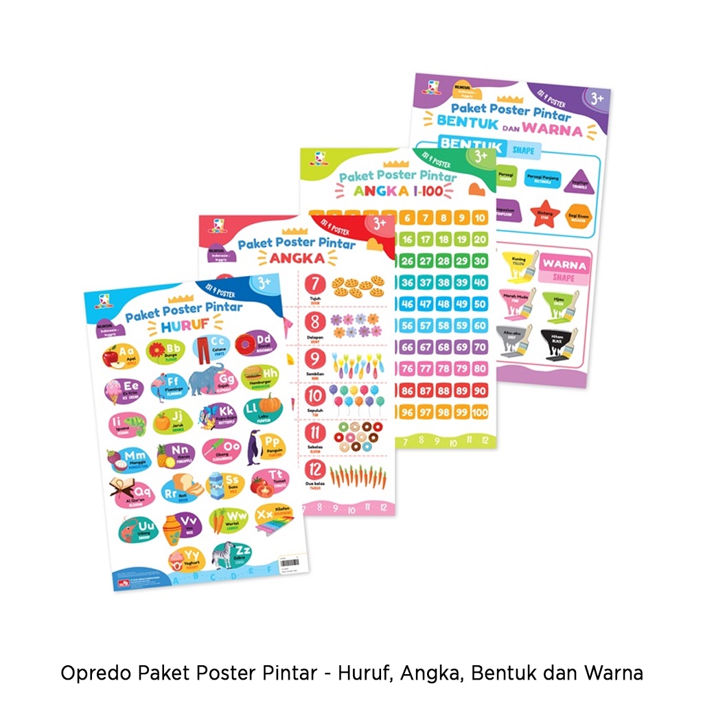 Gramedia Bali - Opredo Paket Poster Pintar - Huruf, Angka, Bentuk dan Warna